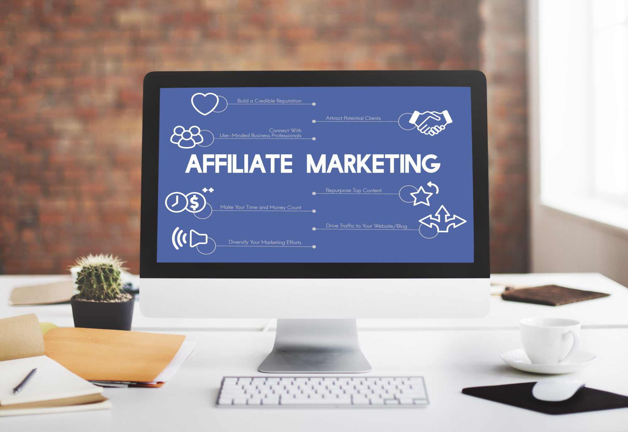 A computer monitor displaying a business infographic explaining affiliate marketing strategies