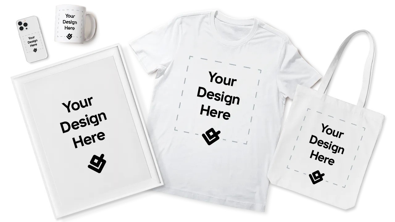 Print-on-demand product mockups, including a t-shirt, tote bag, mug, and phone case, awaiting custom designs